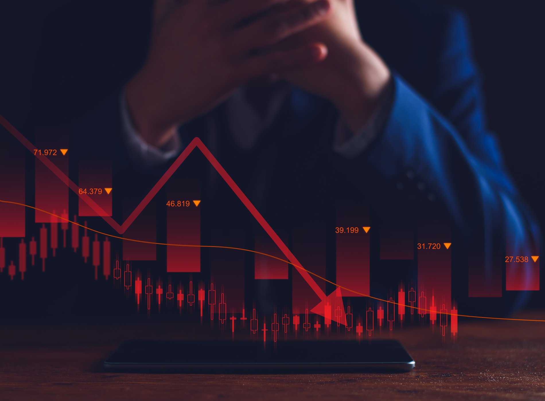 Property values are steadily declining. Unhappy businessman, business downturn. company stocks fall in value, economic crisis, global economy slows down, trading drops, high risk investments.