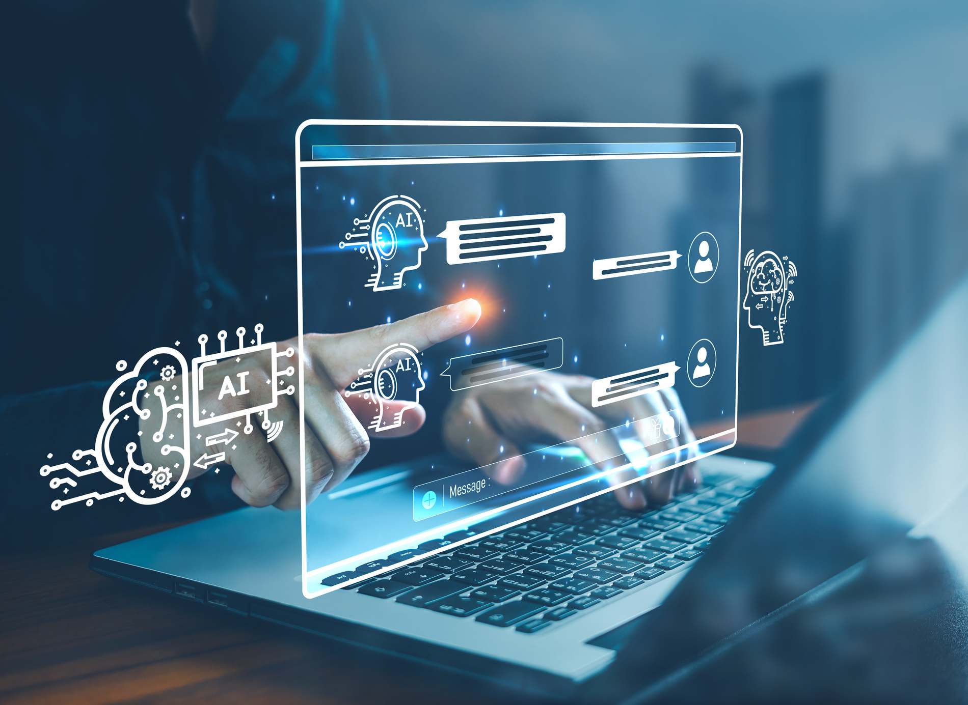 AI chatbot conversation using artificial intelligence technology smart robot AI, Generative AI, Answer, Businessman using AI to generate something, Customer support, laptop, assistant, Chat interface.