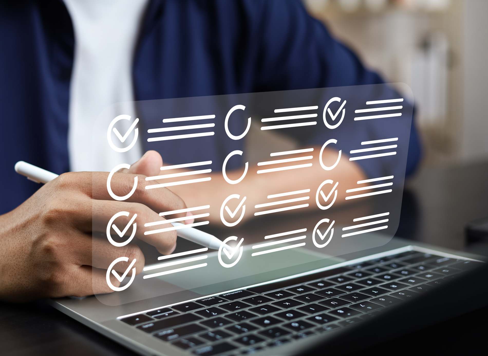 Digital Checklists for efficient business management, Businessman touching marking on checklist guide to paperless assessment and Future Success, Streamlining operations with online surveys.