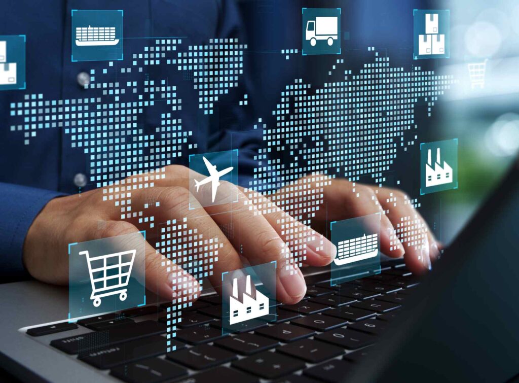 Supply chain and logistics analytics. Global transportation planning and inventory management. Analyst using laptop computer for demand forecasting.