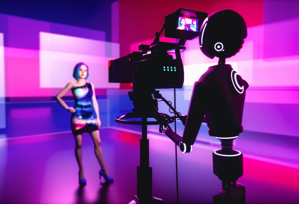 a robot cameraman and a presenter in a television studio(3d rendering)