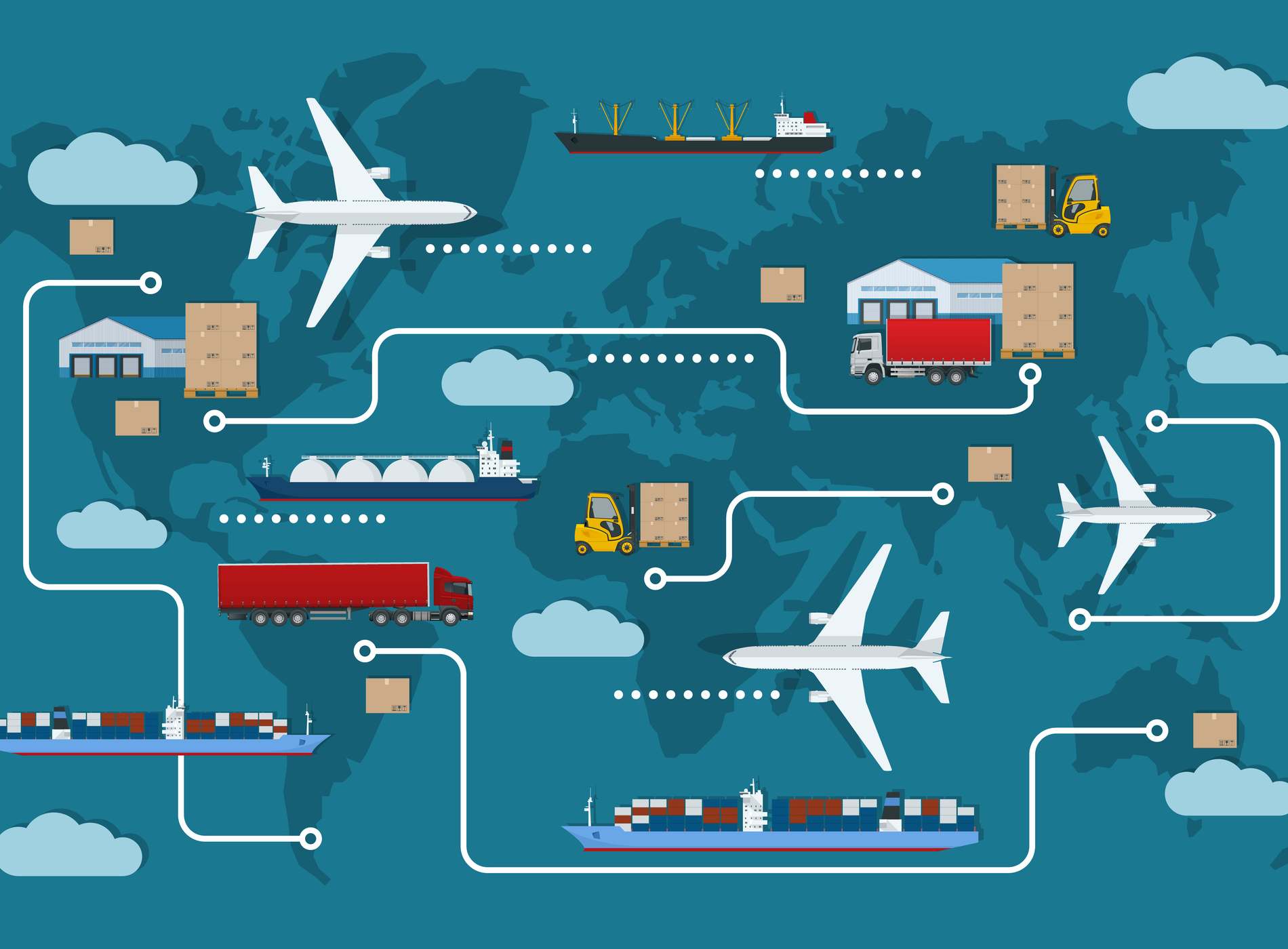 Global logistics network. Air cargo, rail transportation, maritime shipping, warehouse, container ship, city skyline on the world map