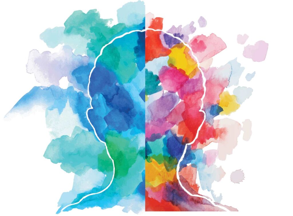 Abstract vector watercolor drawing of a child head showing logical and creative thinking.